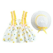 JSCDRPDWL Girls Dresses Toddler Baby Girl Suspender Ruffled Skirt Dress Floral Print Dress Summer Princess Dress for Vacation Daily Wear Hats Newborn Baby Girl Clothes